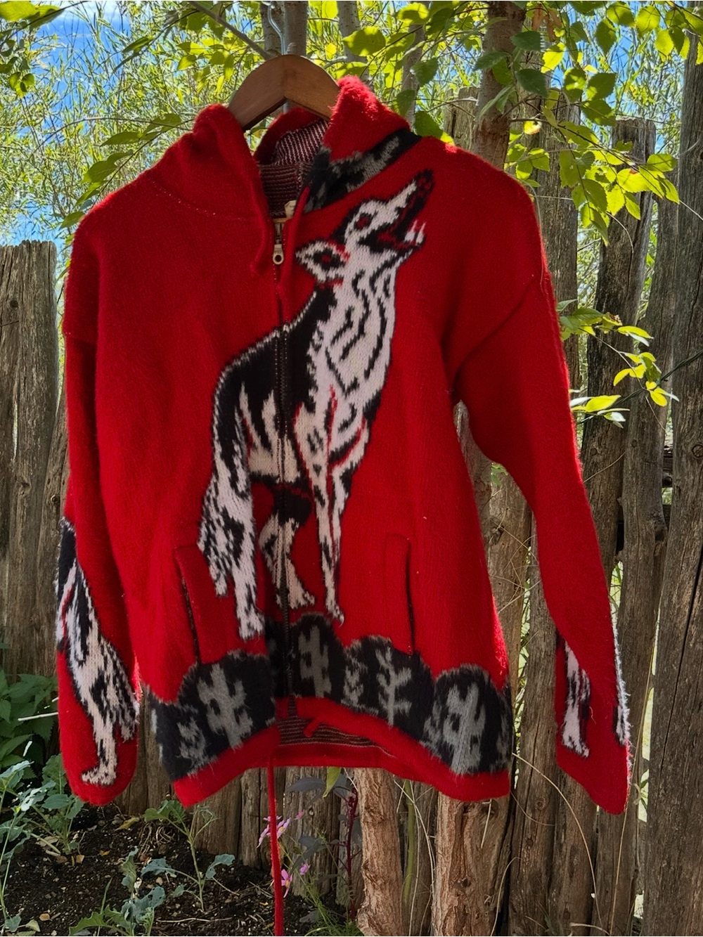 Red Women's Zip-Up Hooded Sweater Cardigan with Wolf Motif